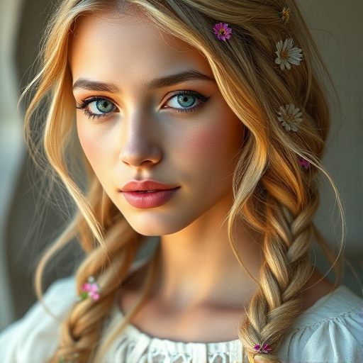 Create an image of a young Hispanic woman with long, wavy blonde hair, adorned with small, colorful flowers woven into her braids and loose strands. Her complexion is fair, with soft, glowing skin, and she has light blue eyes that gaze softly at the viewer. She wears a light, flowing dress with a gentle, ethereal quality, complementing her delicate and serene appearance. The background is slightly blurred, drawing focus to her tranquil expression and the intricate details of the flowers in her hair. The overall mood of the image is one of natural beauty and grace, evoking a sense of peacefulness and connection with nature.