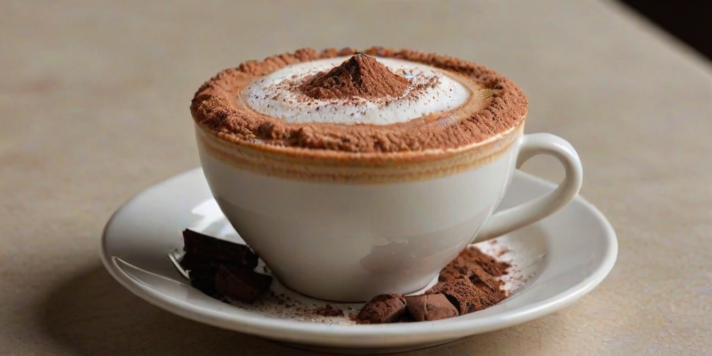 Close-up of a frothy cappuccino topped with cocoa powder, soft light reflecting off the creamy surface, with a decorative pastry resting on a small plate beside it.