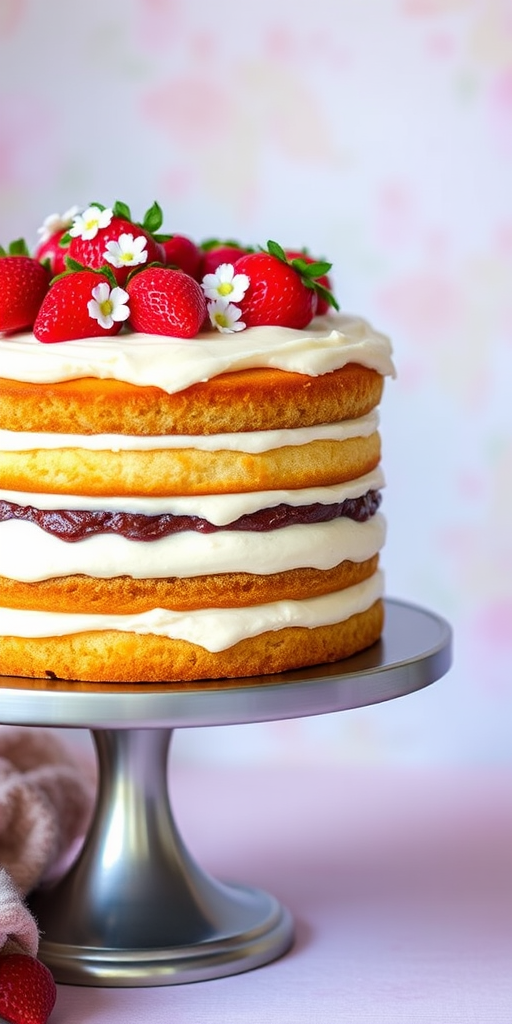 Three-layer cake with cream frosting topped with fresh strawberries and small white flowers on a metallic cake stand with a blurred pastel background.