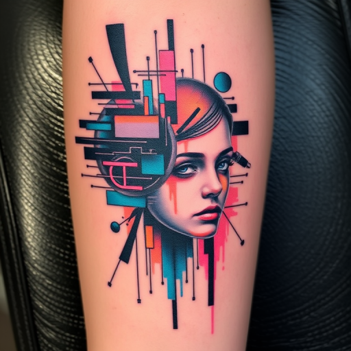 Glitch art inspired tattoo named "Digital Distortion" depicting a fragmented and distorted image with pixelated elements and color shifts to create a unique technological aesthetic