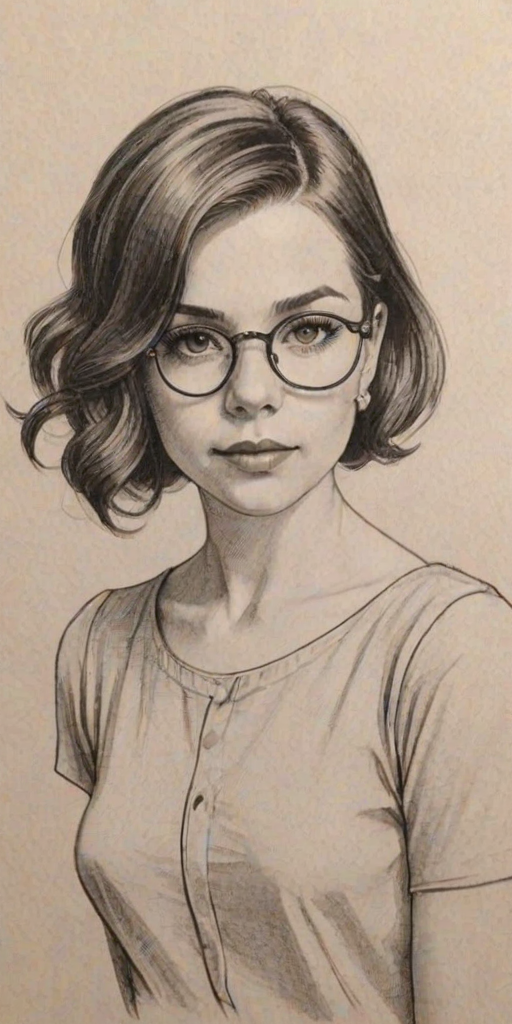 Lovely Ingrid Nilsen, pencil sketch, portrait of Pleasing woman 1920s in glasses, hair style beatnik, outline, clear lines, fine lines, 8k