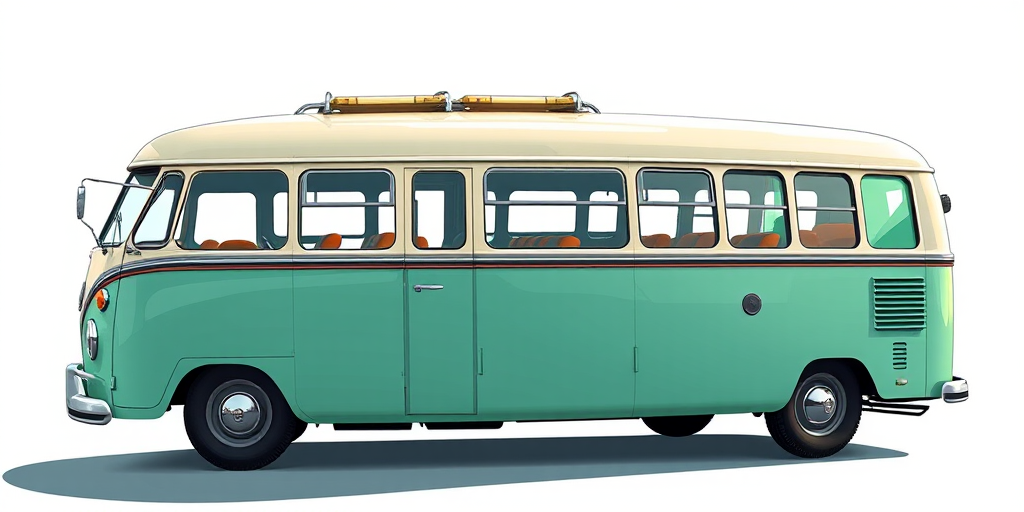 Create a high-quality illustration of a vintage bus from multiple angles, using a DSLR camera with a 50mm lens, aperture f/8, ISO 100, and a shallow depth of field for enhanced detail and clarity.