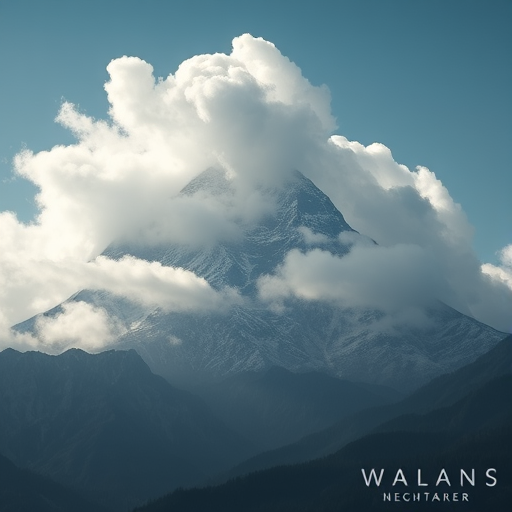 Generate a high-resolution image of a dramatic mountain landscape with clouds partially obscuring the peaks, using a DSLR camera with a 24-70mm lens, f/8 aperture, ISO 200, 1/125 second shutter speed, shot from a slightly elevated viewpoint for depth.