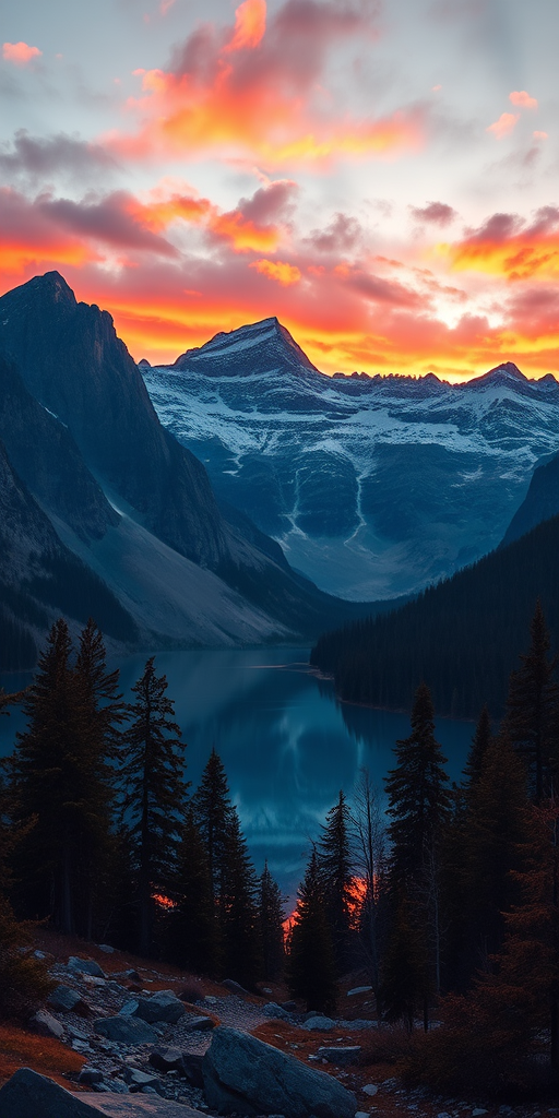 Generate a vibrant illustration of a majestic mountain landscape during sunset with rich colors reflecting on the lake, captured with a Canon EOS R5, 24mm lens, aperture f/8, shutter speed 1/125s, ISO 100, in a wide-angle perspective for enhanced depth and clarity.