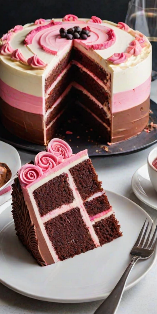 Create an image of a multi-layered cake with distinct sections. The cake should have rich chocolate layers, vibrant pink layers, and smooth white layers, all neatly sliced to show the colorful interior. Include a cake server resting on the side and a plate with additional cake pieces in the background. The setting should have a clean, modern aesthetic with a light-colored surface.