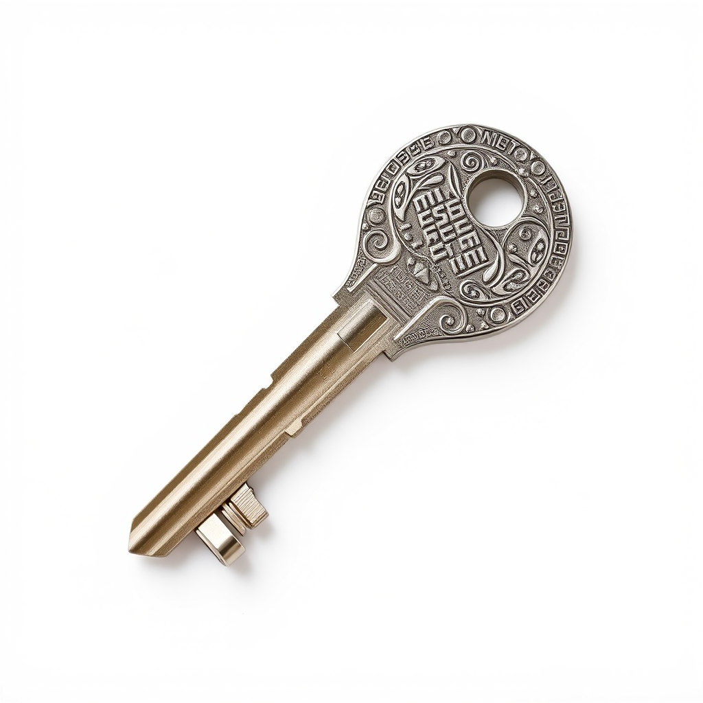 Create a high-resolution vector illustration of a silver key on a plain white background, shot with a Canon EOS R5, 50mm lens, aperture f/2.8, ISO 100, soft natural lighting to enhance details and texture.