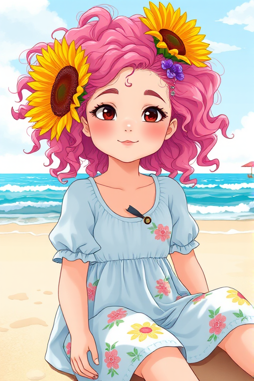 Create a vibrant illustration of a girl with pink curly hair and a sunflower in her hair, wearing a light blue dress with floral patterns, sitting on a beach with a background of clear skies and gentle waves, captured with a Canon EOS R5, 85mm lens, f/1.8 aperture, ISO 100, soft natural lighting for enhanced details and vivid colors.