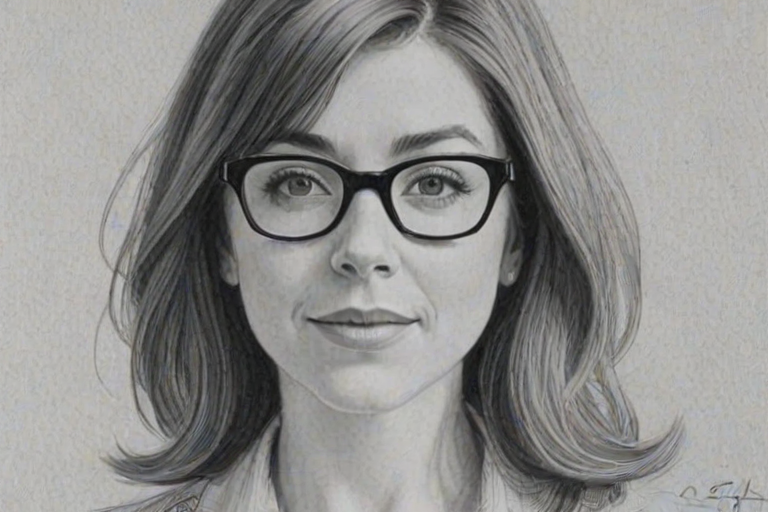 Enticing Alyson Hannigan, pencil sketch, portrait of Pleasing woman 1962s in glasses, hair style beatnik, outline, clear lines, fine lines, 8k