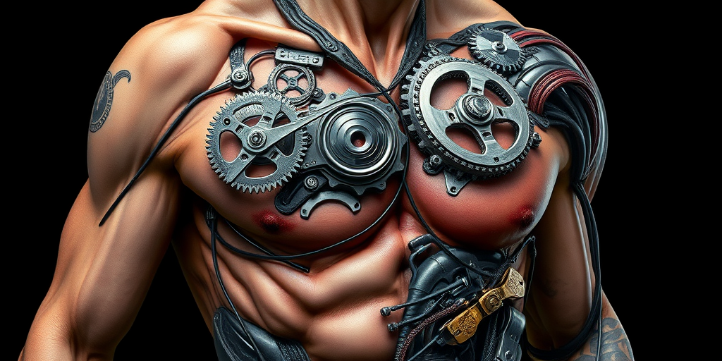 Hyper-realistic 3D biomechanical tattoo called "Cybernetic Evolution" portraying a stunningly lifelike fusion of human anatomy and mechanical components, with intricate gears, wires, and metallic plates seamlessly blending into skin and muscle tissue, creating an illusion of the body being partially transformed into a futuristic cyborg
