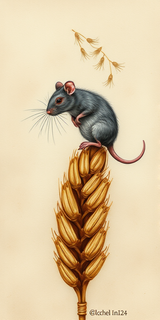 Soft, muted Alcohol Ink with ebru effect background image of tiny whimsical rat, who climbed high on the top of a golden rye ear.