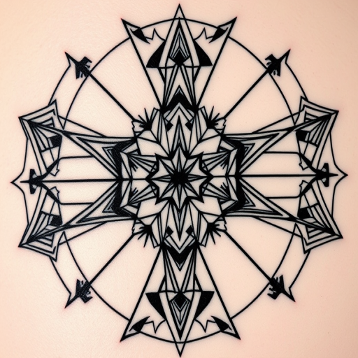 Geometric blackwork tattoo titled "Sacred Symmetry" incorporating precise shapes and lines to create three-dimensional optical illusions and mesmerizing patterns across the skin