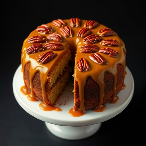 A beautifully decorated round cake with a rich caramel glaze and topped with toasted pecans, partially sliced to reveal its moist interior, placed on a white cake stand with a dark background.