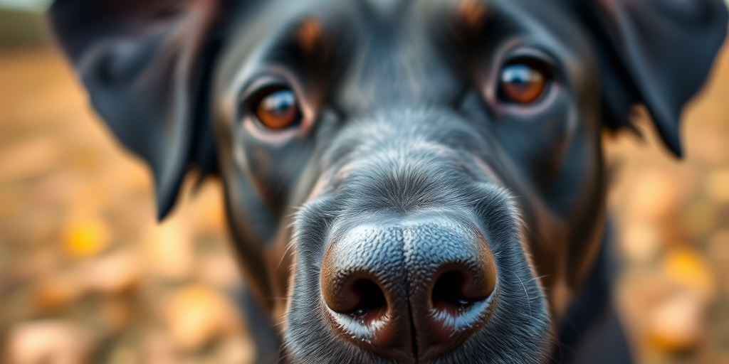 close-up of a black dog, sharp focus on the eyes and nose, blurred autumn background, camera settings: f/2.8, ISO 200, shutter speed 1/200, camera view: macro, camera style: portrait, camera type: DSLR