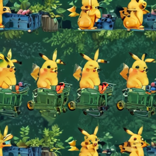 anime pikachu with a shopping cart green forest background with blueberry
