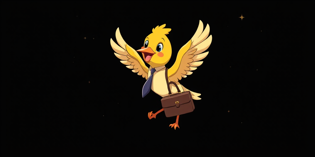 Create a high-resolution digital illustration of a cartoon-style bird wearing a necktie, carrying a briefcase, soaring through a starry black background, with soft lighting and high contrast, using a Canon EOS R5 with a 50mm lens, f/1.8, ISO 100, 1/200s for sharp details and vibrant colors.