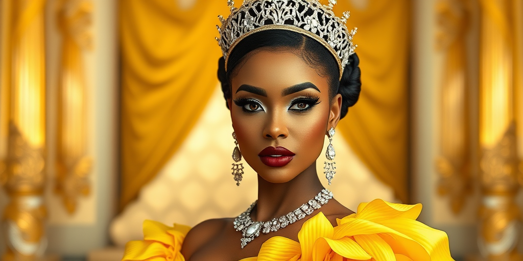 A gorgeous Zambo woman in a luxurious Yellow gown, accessorized with a dazzling tiara and statement earrings, her deep black eyes highlighted by impeccable makeup, poised in a royal setting, photorealistic, 8K quality