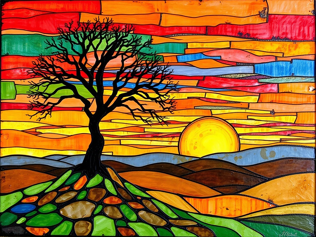 A vibrant abstract painting on Tiffany Glass, blending acrylic and alcohol ink techniques, captures a dramatic sunset over rolling hills. The artwork features a textured, rocky foreground in green and brown, layered abstract hills, and a striking sunset in rich oranges, yellows, and reds. A solitary black tree with intricate branches contrasts against the fiery sky, creating a dynamic and expressive portrayal of a breathtaking natural scene.