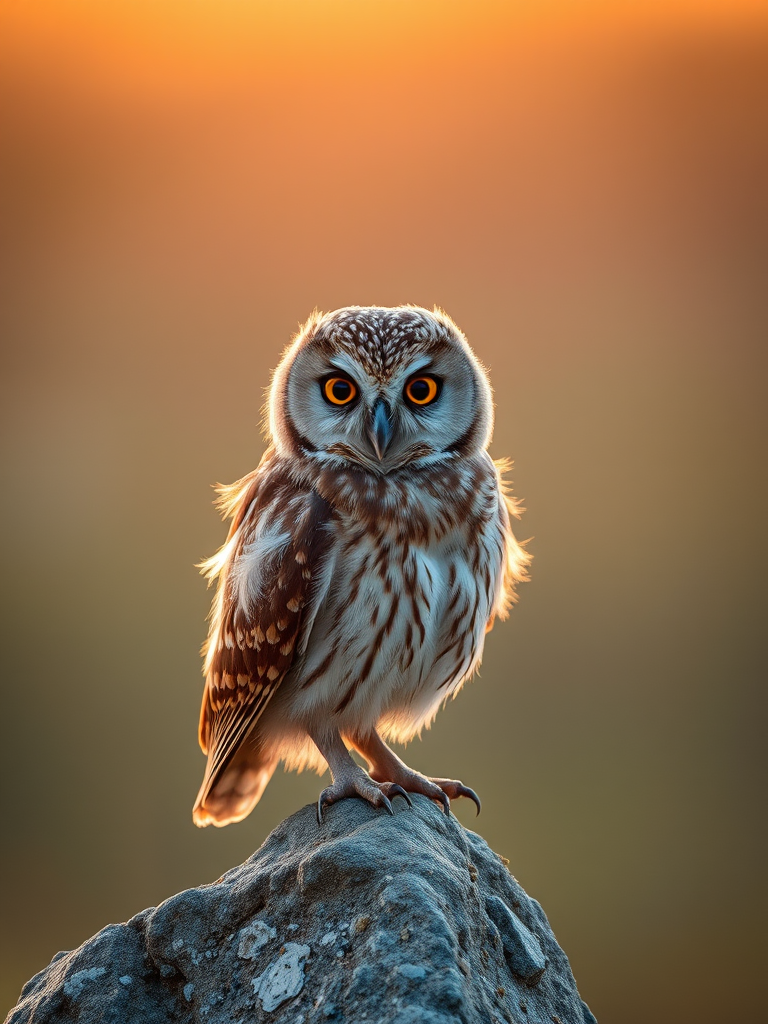 photograph of a young owl perched on a stone with a soft blurred background, taken with a Canon EOS R5, 85mm lens, aperture f/1.8, shutter speed 1/200s, ISO 400, natural lighting in the golden hour for enhanced detail and color richness