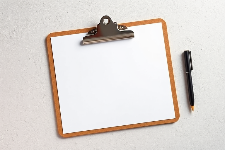 Generate an image of a blank clipboard with a shiny clip, shot in high resolution using a Canon EOS R5 camera with a 50mm lens at f/2.8, ISO 100, and a shutter speed of 1/200 sec, in a top-down view style, with soft diffused lighting to enhance texture.