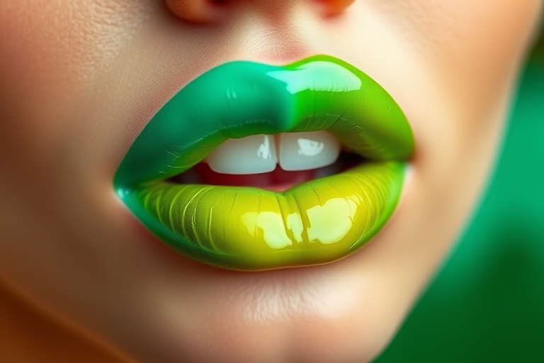 Exotic "Tropical Paradise" lip color combines vibrant turquoise and lime green in a glossy, two-toned effect, evoking lush island landscapes and adding a pop of unexpected color