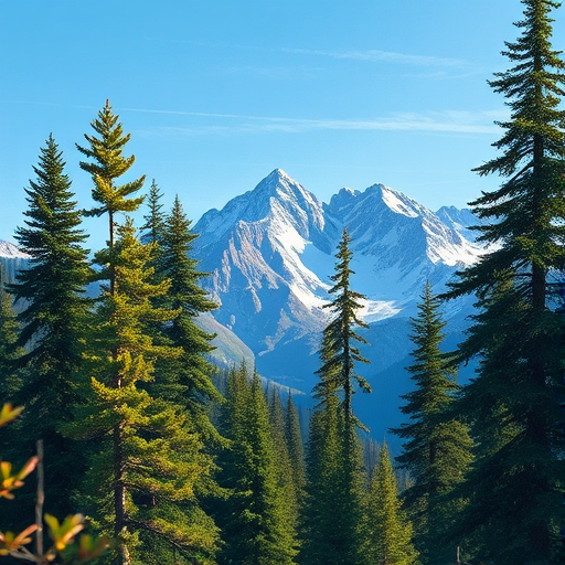 Generate a vibrant landscape illustration featuring tall pine trees in the foreground, majestic snow-capped mountains in the background under a clear blue sky, using a digital art style with a high-resolution quality, wide-angle view, soft lighting, and a tablet painting technique.