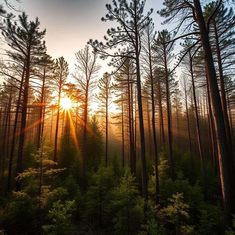 Create a high-resolution image of a peaceful forest scene during golden hour, with soft diffused lighting, using a Canon EOS R5, f/2.8 aperture, ISO 100, 1/125 shutter speed, wide-angle lens, capturing a panoramic view.