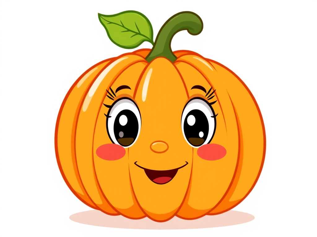 Create a cute cartoon pumpkin with a happy face large expressive eyes and a small smile add a green leaf and a curved stem on top use bright orange color for the pumpkin and keep the background simple and white