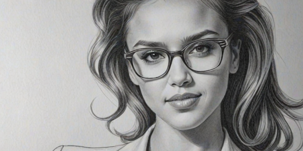 Enticing Jessica Alba, pencil sketch, portrait of Beauteous woman 1940s in glasses, hair style beatnik, outline, clear lines, fine lines, 8k