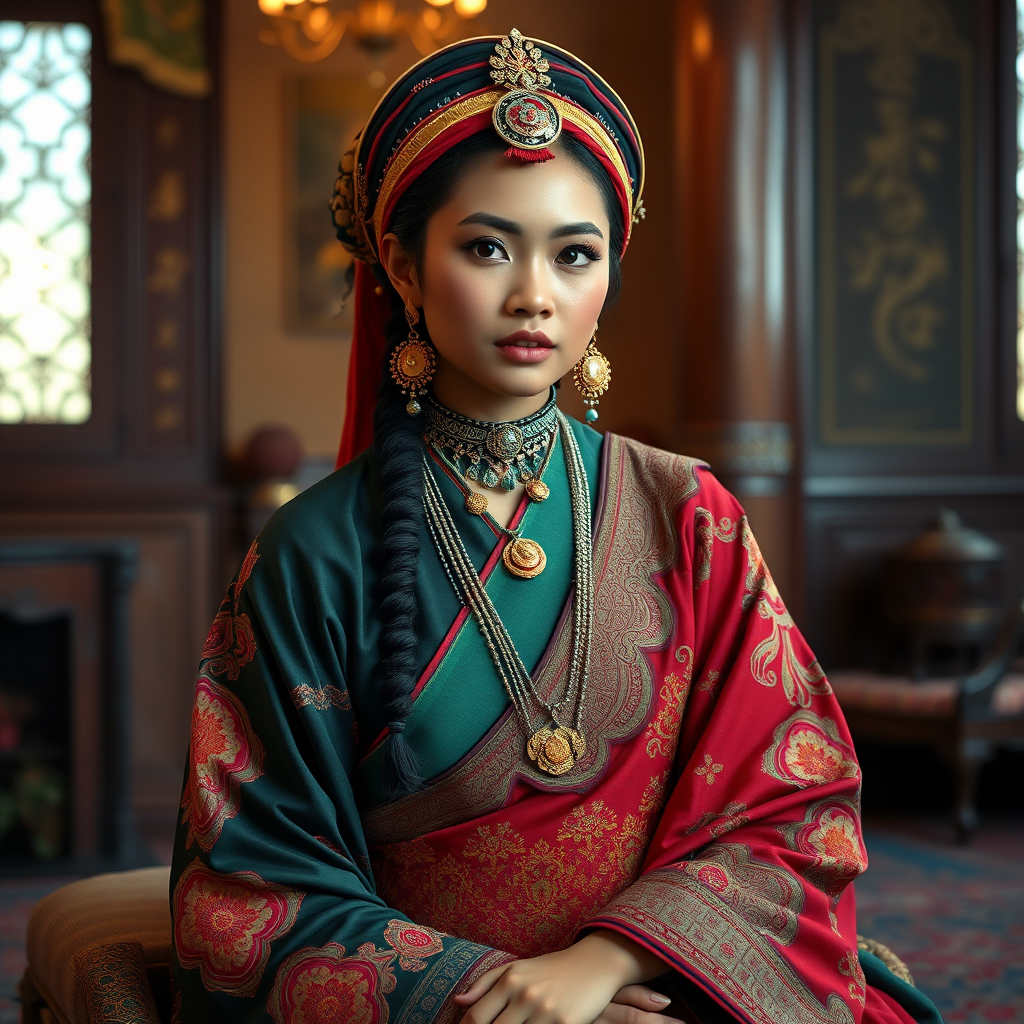 A beautiful Amhara woman in traditional East Asian attire, intricately detailed with embroidered patterns, sitting gracefully in a richly decorated room, soft ambient lighting, serene and elegant, ultra-realistic, 8K resolution