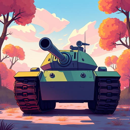 Create a high-quality illustration of a cartoon tank from a low-angle perspective with vibrant colors, using a digital art style, high resolution, f/8 aperture, 35mm lens, and soft natural lighting.
