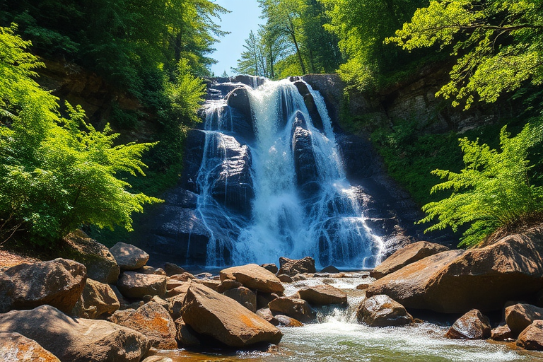 waterfall cascading down rocks surrounded by lush green trees, bright sunny day, fast shutter speed 1/1000s, aperture f/8, ISO 200, wide-angle lens, DSLR camera, vibrant colors, high dynamic range