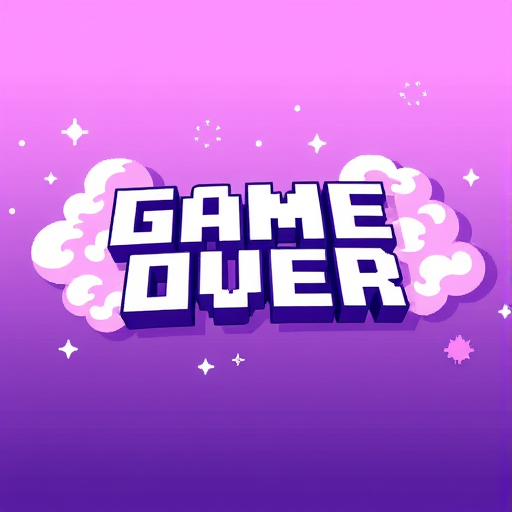 Create a pixel art style image featuring the words "GAME OVER" in bold 3D letters, surrounded by stylized clouds and sparkles, with a pastel purple and pink gradient background, camera settings: f/2.8, ISO 100, shutter speed 1/60, camera view: top-down, camera style: digital illustration, camera type: mirrorless.