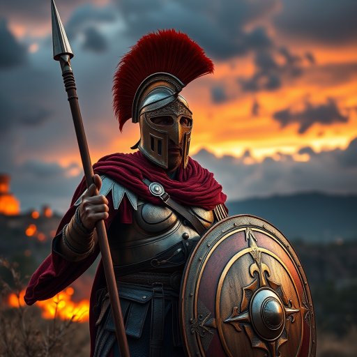 Create an image of a fierce Roman warrior in full armor with a red plume on his helmet, wielding a spear and shield, surrounded by a dramatic, fiery landscape with dark clouds, using a Canon EOS R5 with a 50mm f/1.2 lens, aperture set to f/2.8, ISO 100, shot at dusk for enhanced colors and contrast.