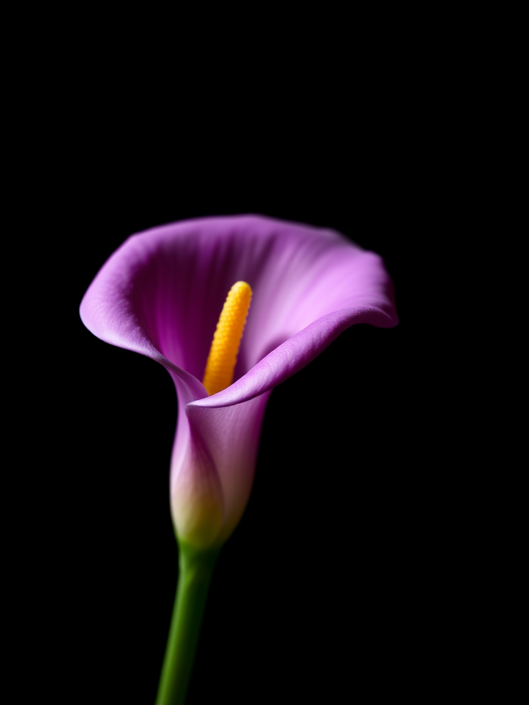 macro shot of a purple calla lily against a blurred dark background, soft natural lighting, aperture f/2.8, shutter speed 1/60, ISO 100, DSLR camera, 100mm lens, focus on petal details