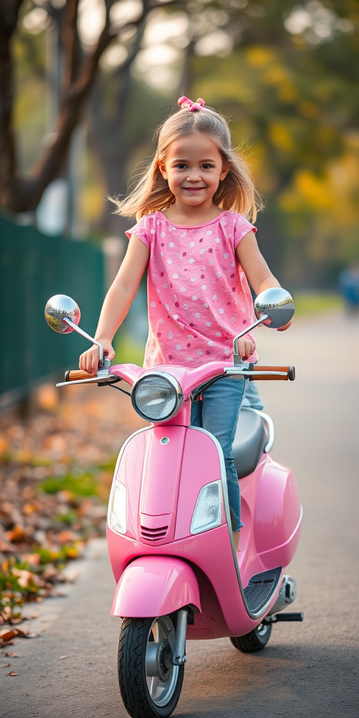 Regenerate the image of a young girl standing on a pink scooter in an outdoor setting, use a shallow depth of field, 50mm lens, f/1.8 aperture, ISO 200, soft natural lighting, framed with a focus on the subject and blurred background.