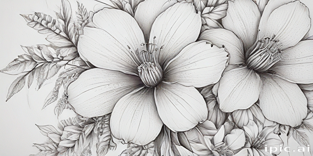 Intricate Black and White Floral Design Featuring Large Blossoms and Leaves