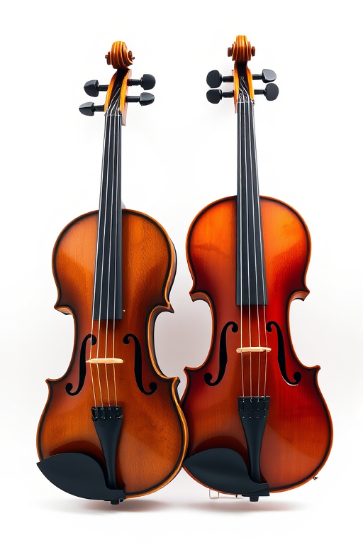 Create a high-resolution digital illustration of two violins standing side by side, captured in a soft light environment using a DSLR camera with a 50mm lens, aperture set to f/2.8, ISO 100, and a shallow depth of field to enhance focus on the violins, maintaining a clean white background for contrast.