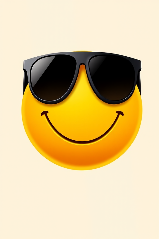 Create a high-resolution digital illustration of a smiling yellow emoji with dark sunglasses, using a soft gradient for depth, shot with a DSLR camera at f/2.8 aperture, 50mm lens, in portrait mode for a clean background, emphasizing vibrant colors and smooth shading.