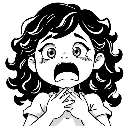 The image is a black and white illustration of a young girl with curly hair. She has a surprised expression on her face with her mouth open and her hands clasped together in front of her chest. Her eyes are wide and her eyebrows are furrowed. Her hair is styled in loose curls that are cascading down her back. The overall mood of the image is one of shock or surprise.