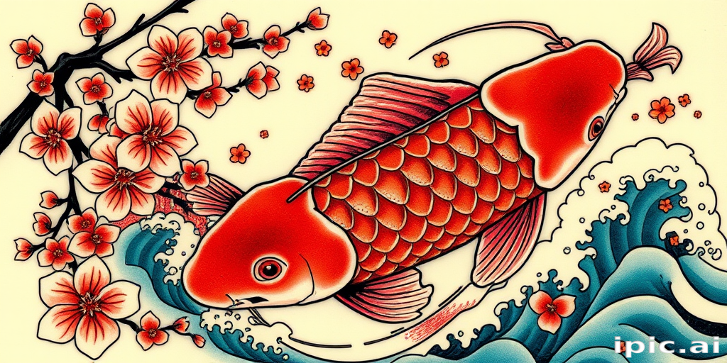 Japanese-inspired irezumi tattoo named "Koi's Journey" featuring a large colorful koi fish swimming among cherry blossoms and waves rendered in vibrant reds blues and greens with black outlines