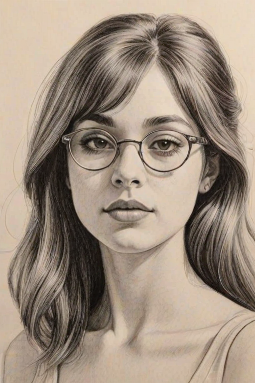 Delightful Ariana Greenblatt, pencil sketch, portrait of Sublime woman 1969s in glasses, hair style beatnik, outline, clear lines, fine lines, 8k
