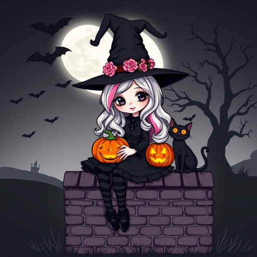 A cute, gothic-style cartoon of a young witch resembling Wednesday Addams sitting on a brick wall under a full moon. She has long wavy hair with silver, pink, and purple ombre highlights, and wears a classic black witch hat decorated with a pumpkin and roses. She is dressed in a black frilly dress with striped stockings and black shoes. A glowing Jack-o'-lantern sits beside her, and a black cat with glowing orange eyes is next to her. The background features a large moon, silhouetted bats, and a spooky tree, with a soft monochrome and slightly glowing effect, creating a magical Halloween atmosphere.