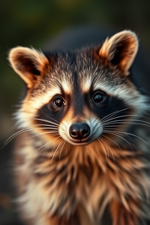 A raccoon with striking features and vivid eyes, captured in soft evening light with a shallow depth of field, using a DSLR camera at f/2.8, ISO 200, 50mm lens, focusing on the raccoon's face with a blurred natural background to enhance detail and texture.