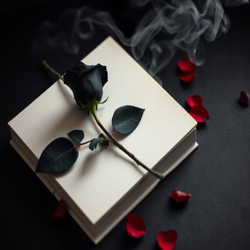 white book with a black rose and rose petals on a dark surface, smoke wafting in the background, soft diffused lighting, shallow depth of field, 50mm lens, f/1.8, ISO 100, 1/200s, top-down view, DSLR camera