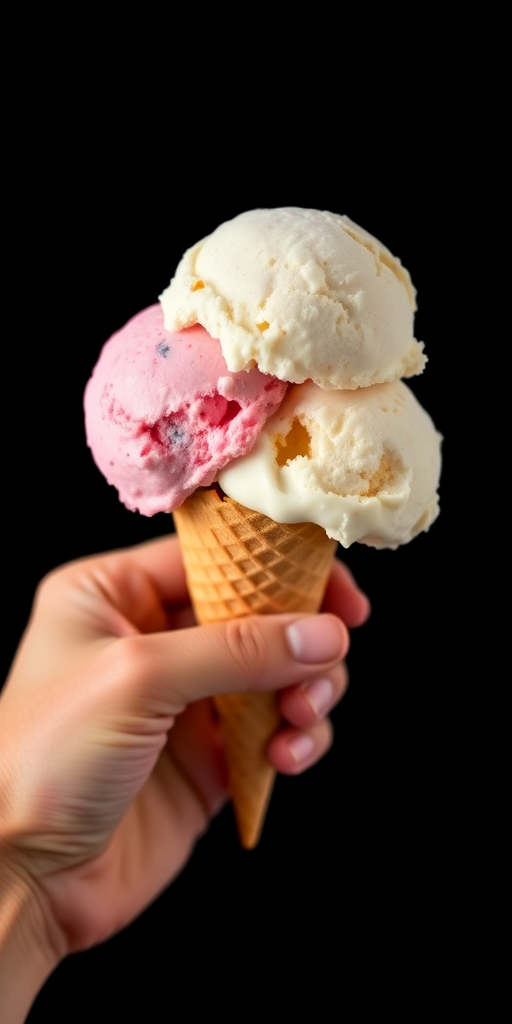 Capture a close-up shot of a hand holding an ice cream cone with two scoops, one pink and one white, against a solid black background, using a DSLR camera with a 50mm lens, f/2.8 aperture, ISO 100, and soft natural lighting for enhanced image quality.
