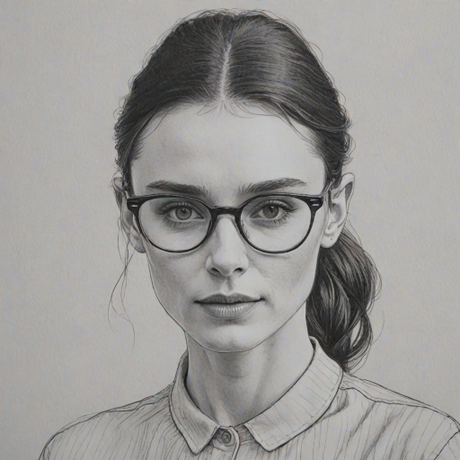 Elegant Rooney Mara, pencil sketch, portrait of Gorgeous woman 1966s in glasses, hair style beatnik, outline, clear lines, fine lines, 8k