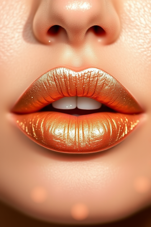 Shimmering champagne lip powder "Golden Hour Glow" with buildable coverage and metallic sheen, ideal for highlighting lip center and cupid's bow, innovative loose powder formula