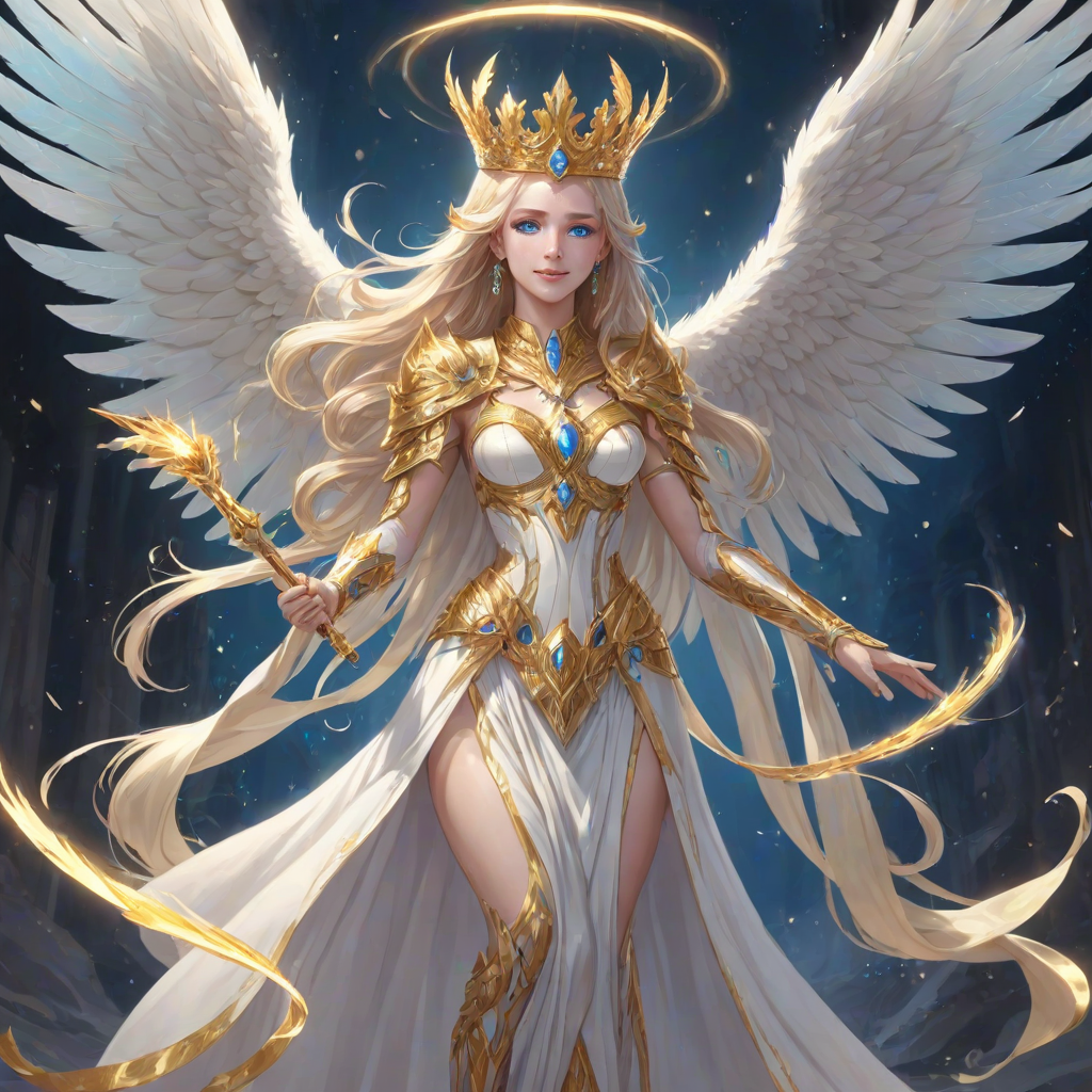 white_robes,glowing_aura,wings,halo,ethereal_presence,benevolent_smile,radiant_light,long_hair,blue_eyes,golden_crown,holding_instruments,serene_expression,floating,multicolored_wings,multiple_wings,humanoid_form,holding_scroll,shining_armor,barefoot,youthful_appearance,celestial_glow,