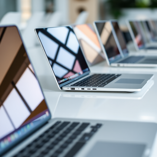 Close-up of multiple laptops with sleek designs on a clean workspace, shot with a Canon EOS R5 at f/2.8, 1/60s, ISO 200, 24mm lens, wide-angle view, soft lighting to enhance details and reflections.
