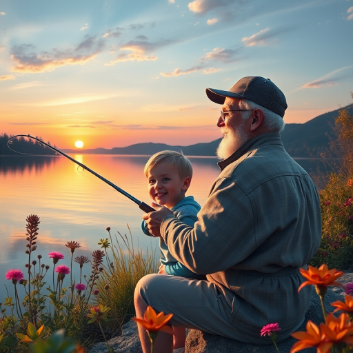 Create a scenic painting of a grandfather and grandson fishing at sunset by a tranquil lake, capturing their joyful expressions, surrounded by vibrant flora and soft reflections on the water, shot with a Canon EOS R5, 50mm lens, f/1.8 aperture, ISO 100, in natural light for enhanced colors and details.
